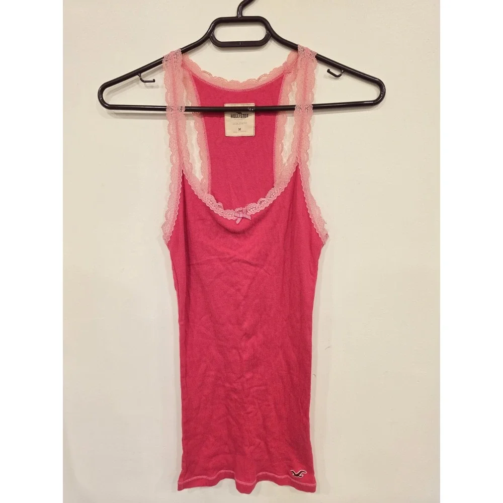Vintage Y2K Hollister Lace Trim Cami Tank Top Women's Medium Pink Romantic